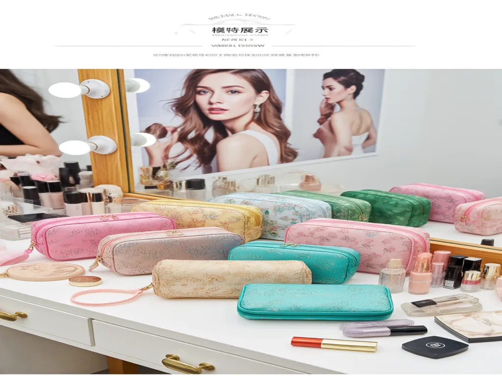 Colorful cosmetic bags displayed on a vanity table