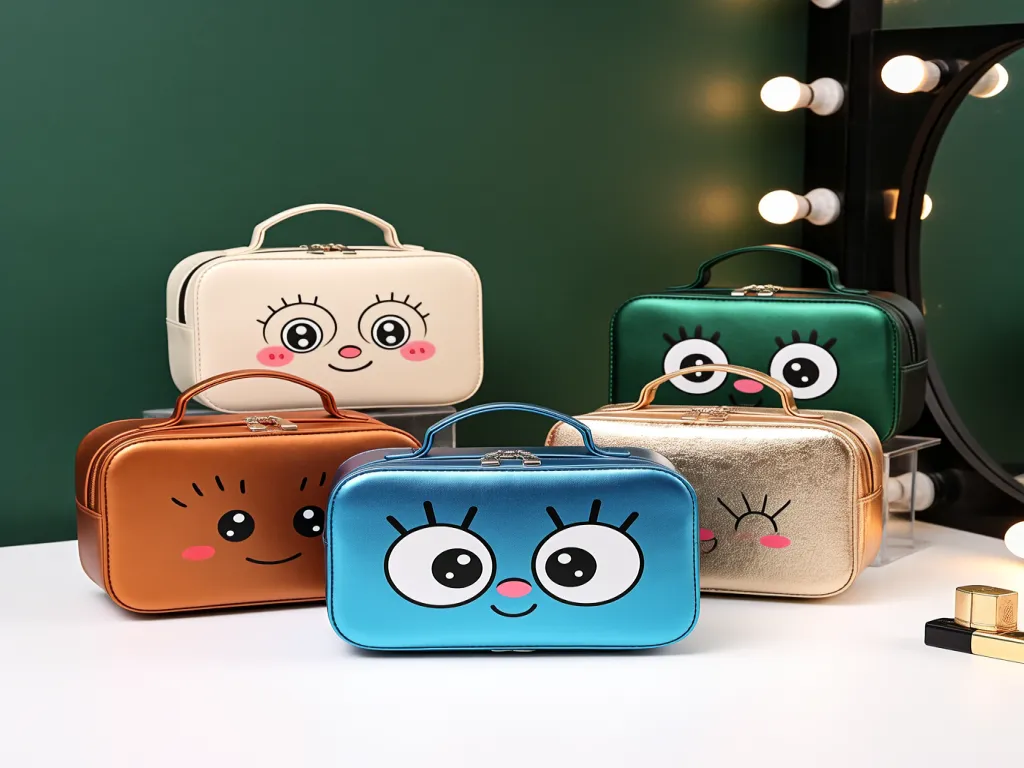 Cute cartoon face design cosmetic bags in various colors