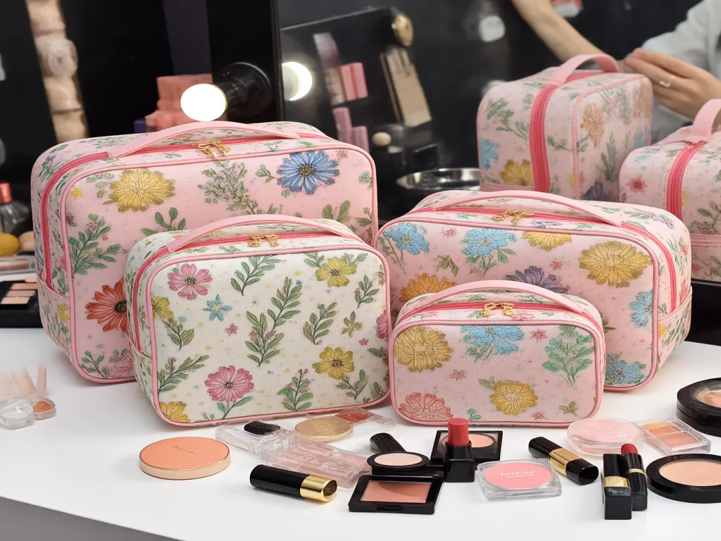 Set of floral patterned cosmetic bags with makeup items