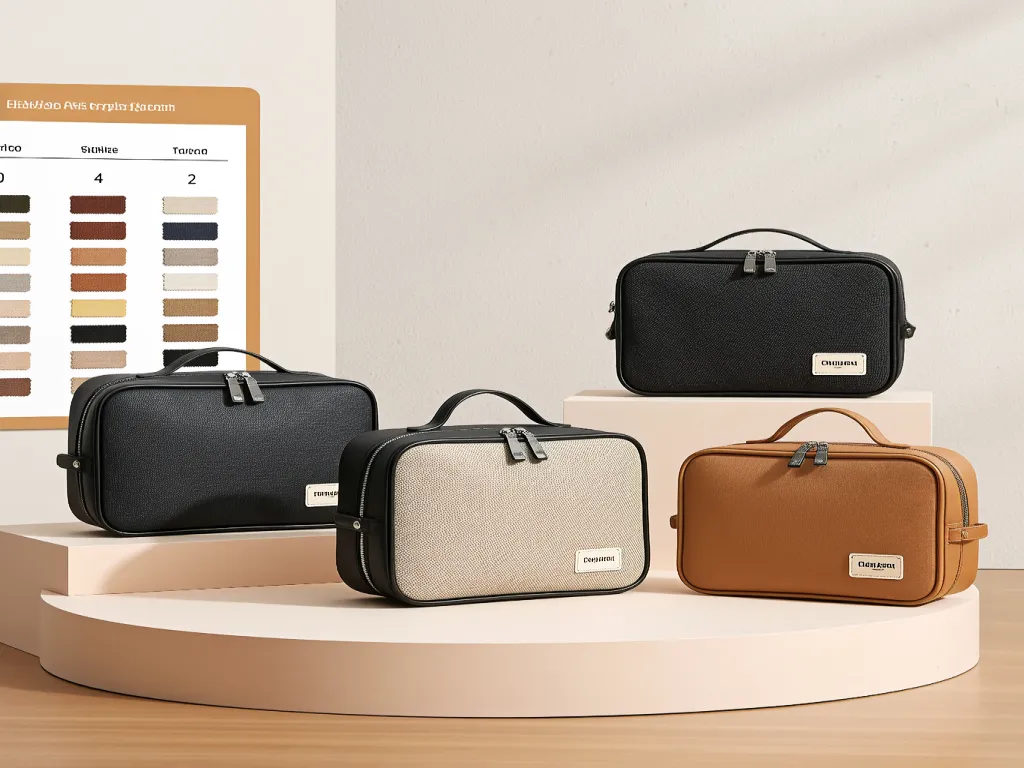 Assorted black and beige cosmetic bags on display