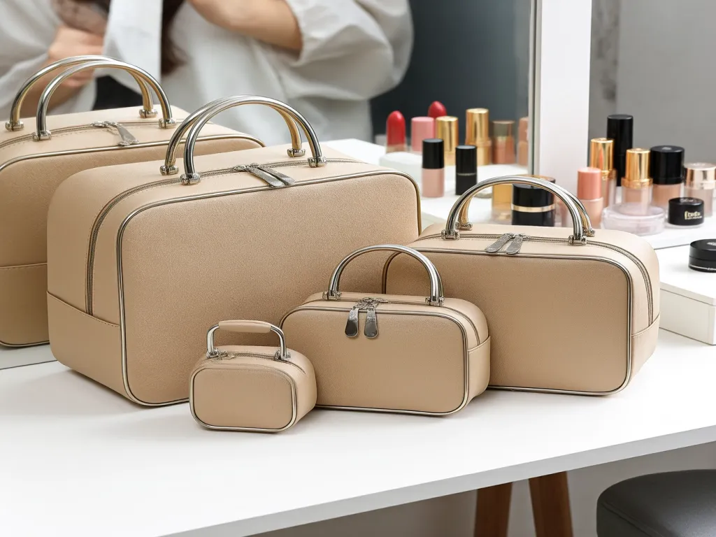 Collection of beige cosmetic bags with silver handles