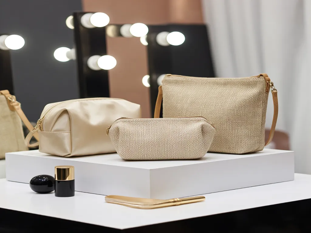 Beige small cosmetic bags set on a white platform