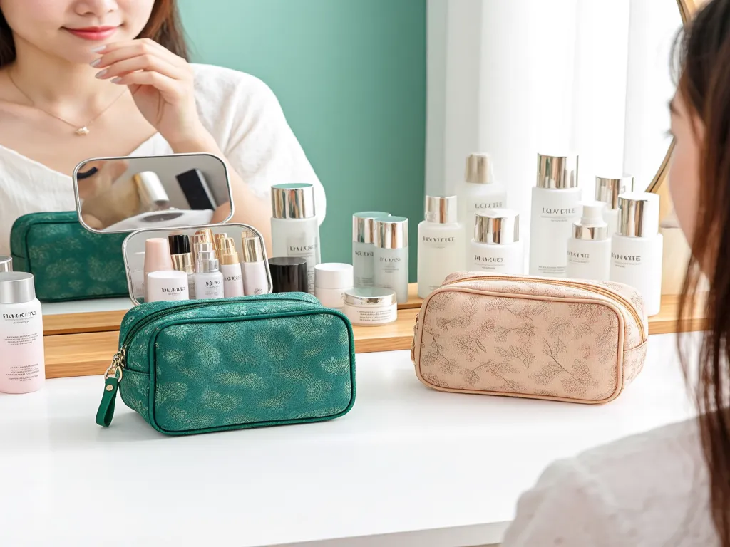 Various small cosmetic bags on display with beauty products