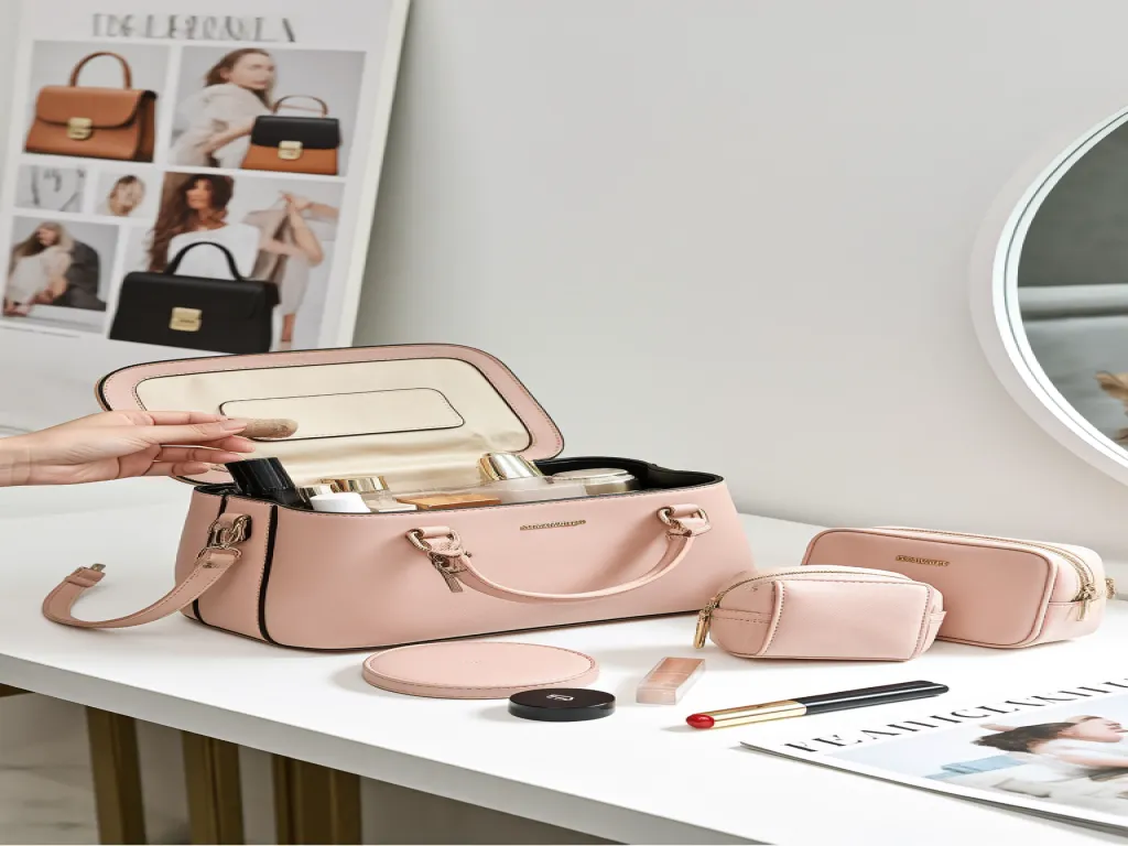 A set of pink cosmetic bags on a white table