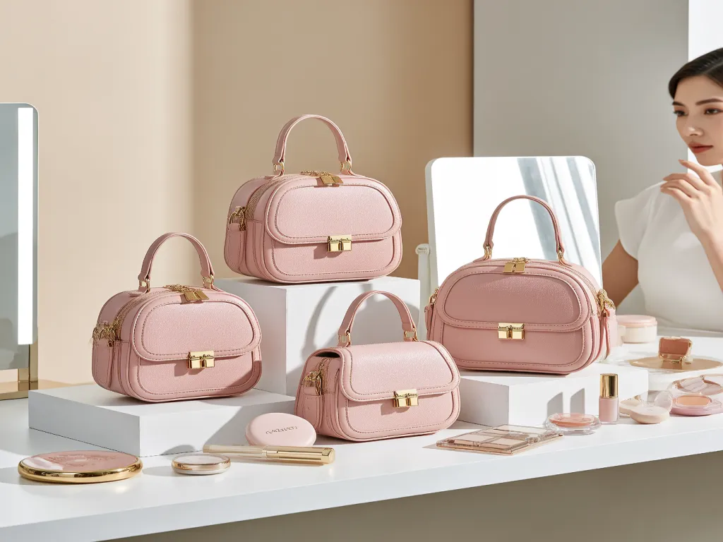 Pink small cosmetic bags collection with beauty essentials