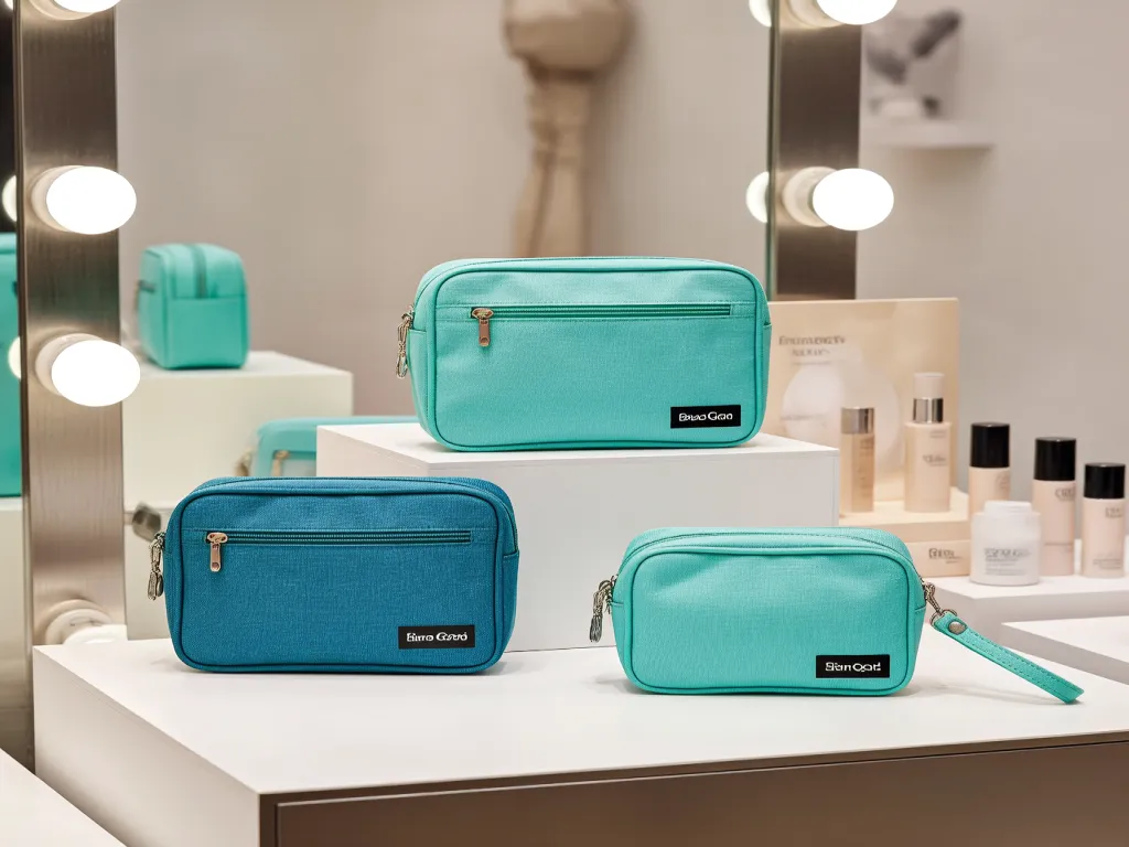 Teal small cosmetic bags set on display with skincare products