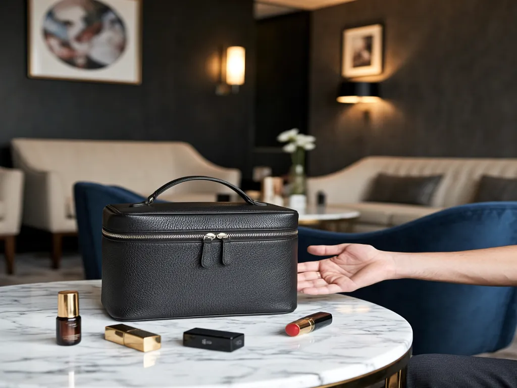 A black leather cosmetic bag on a table with cosmetics