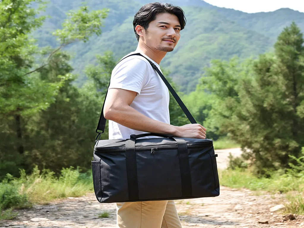 A man carrying a black cosmetic bag outdoors