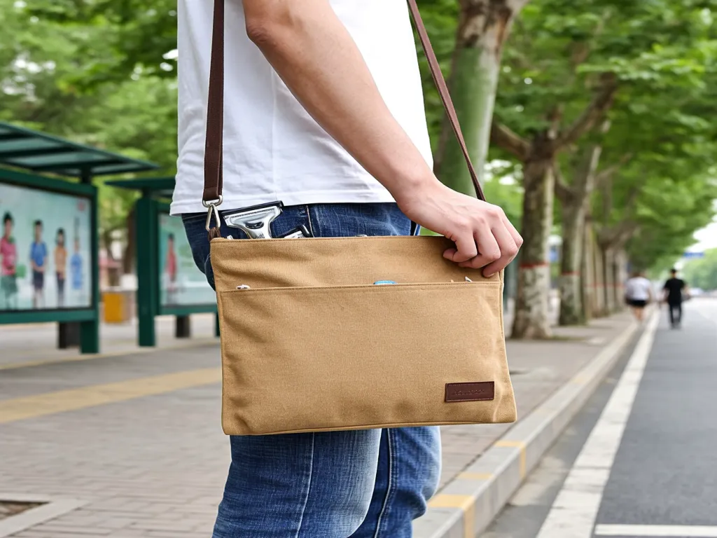 A man wearing a beige cosmetic bag over his shoulder