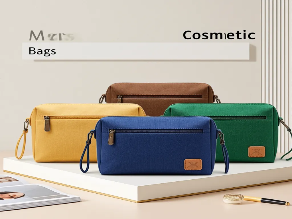 A variety of men's cosmetic bags in different colors