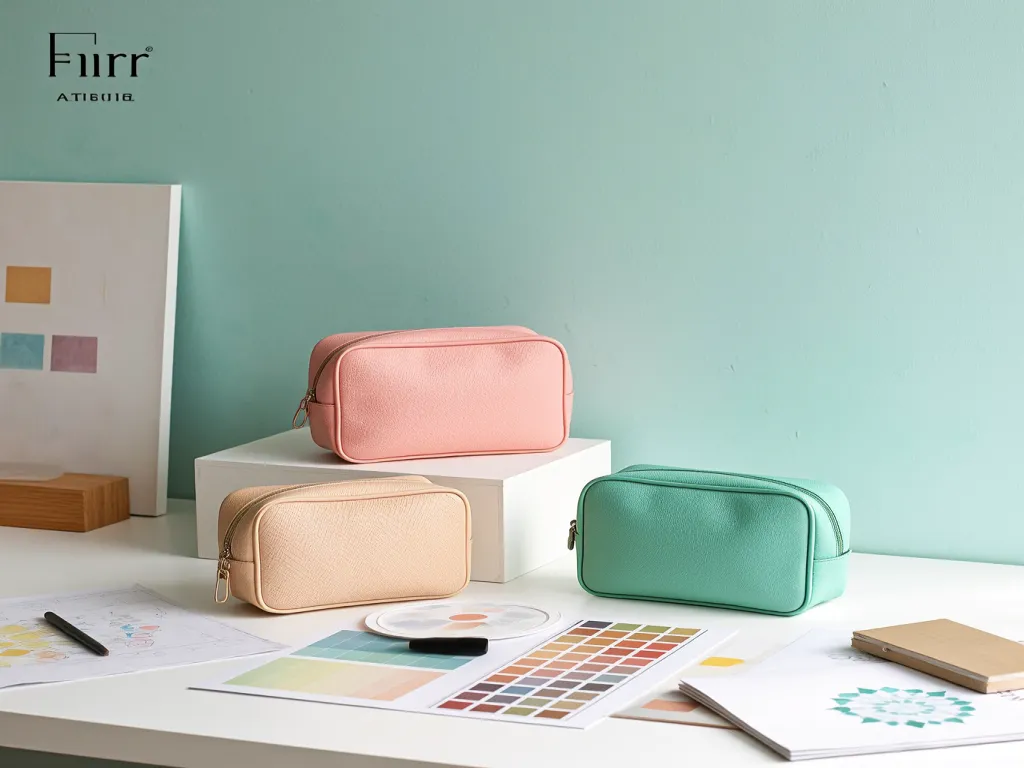 Pastel colored mini cosmetic bags on a desk