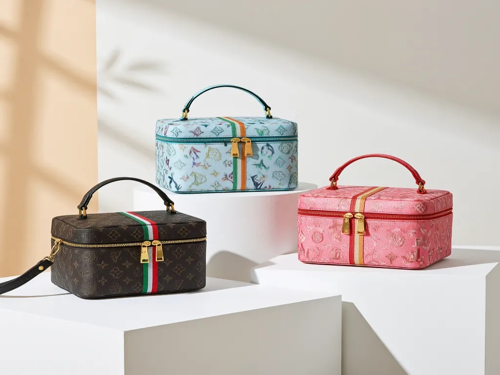 Assorted mini cosmetic bags in different colors and patterns