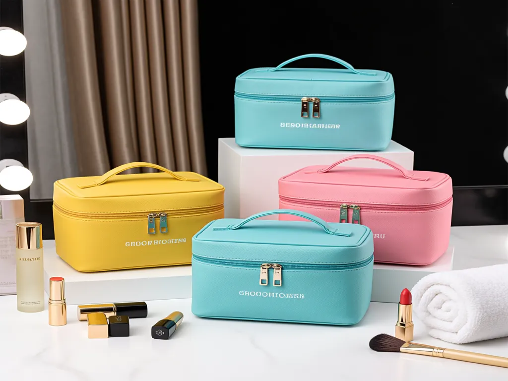 Vibrant colored mini cosmetic bags with makeup items