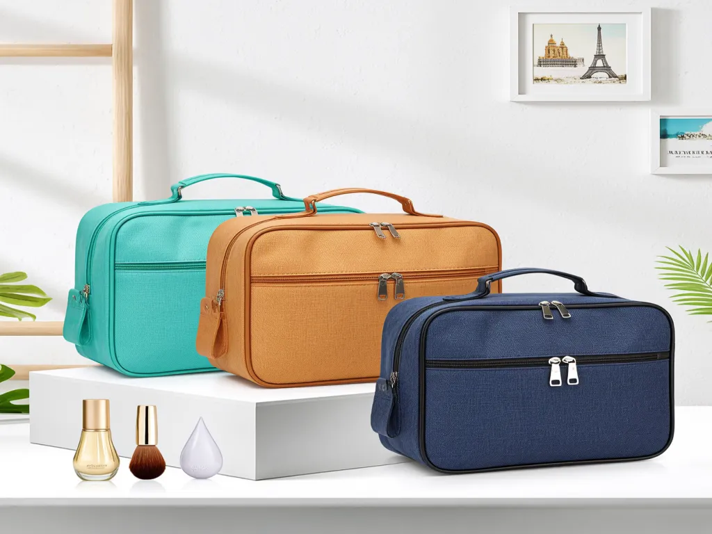 Colorful travel cosmetic bags on a white surface