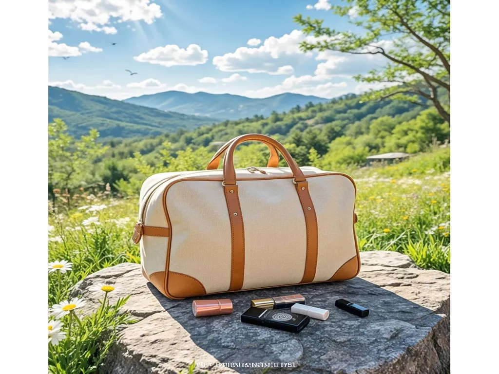 A beige travel cosmetic bag with leather accents in an outdoor setting