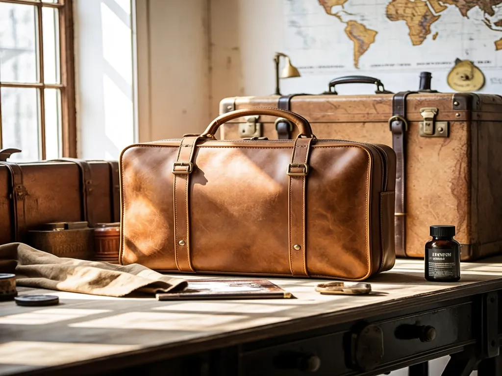A brown leather travel cosmetic bag on a wooden table
