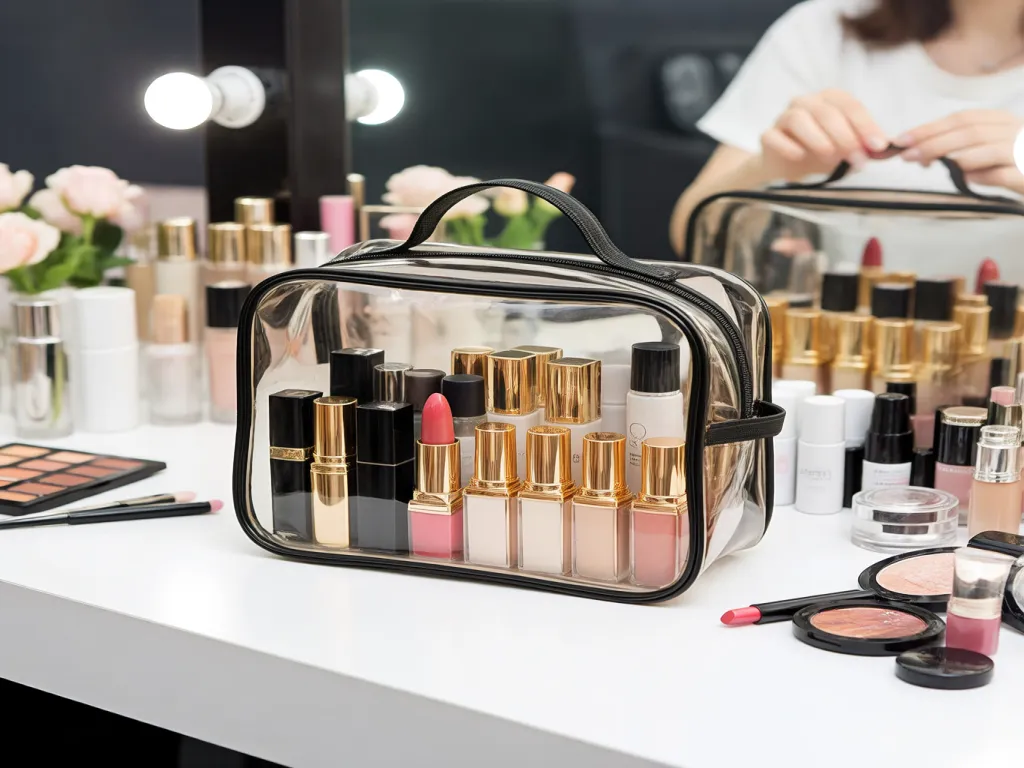 Clear cosmetic makeup bags filled with various beauty products