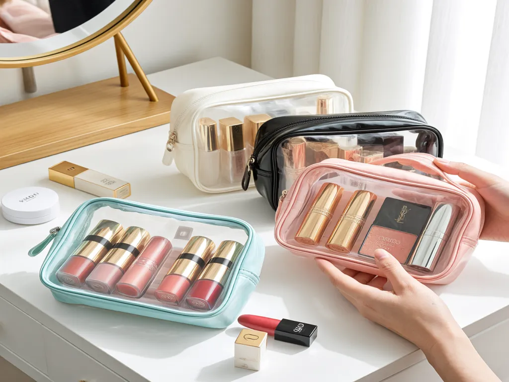 Colorful clear cosmetic makeup bags with lipsticks and cosmetics