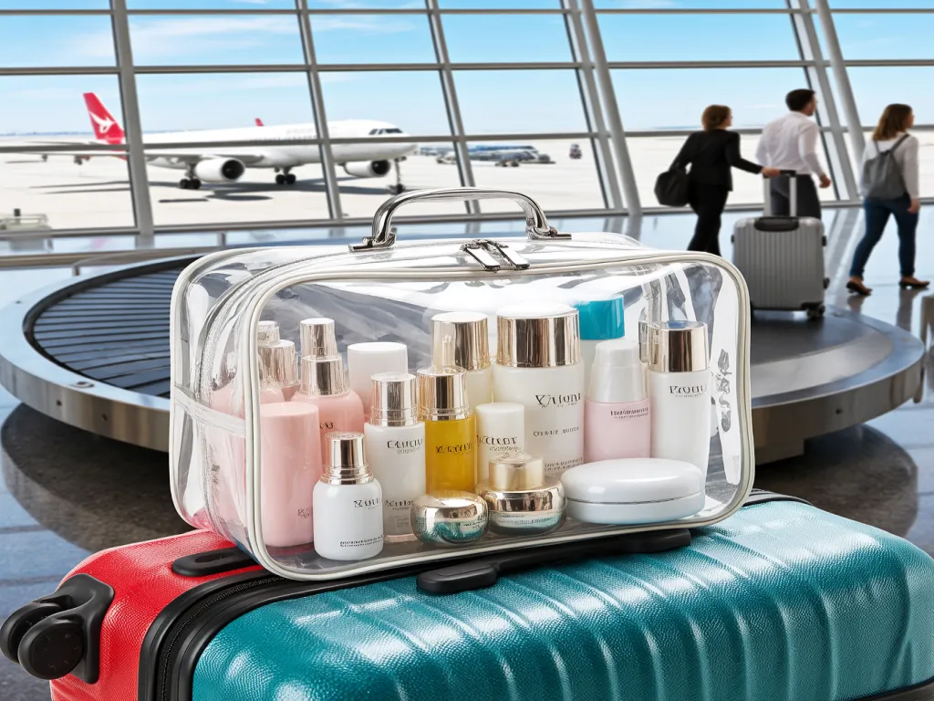 Transparent cosmetic bag with skincare products on top of a suitcase at an airport