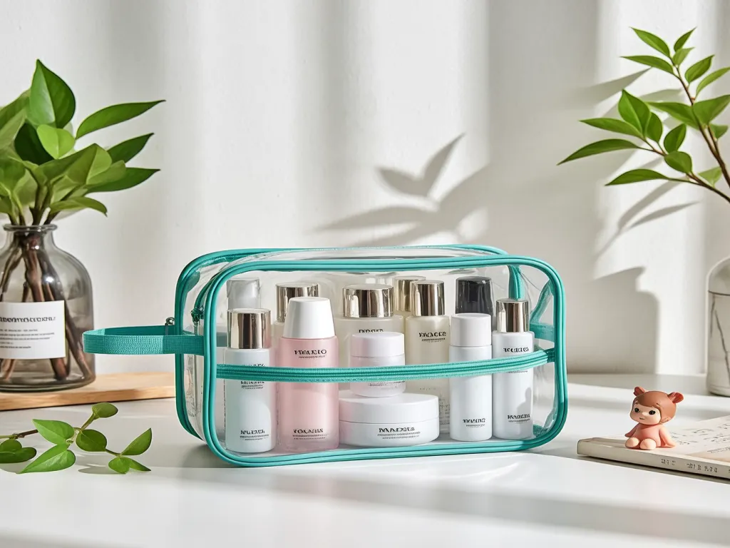 Transparent cosmetic bag filled with various skincare products
