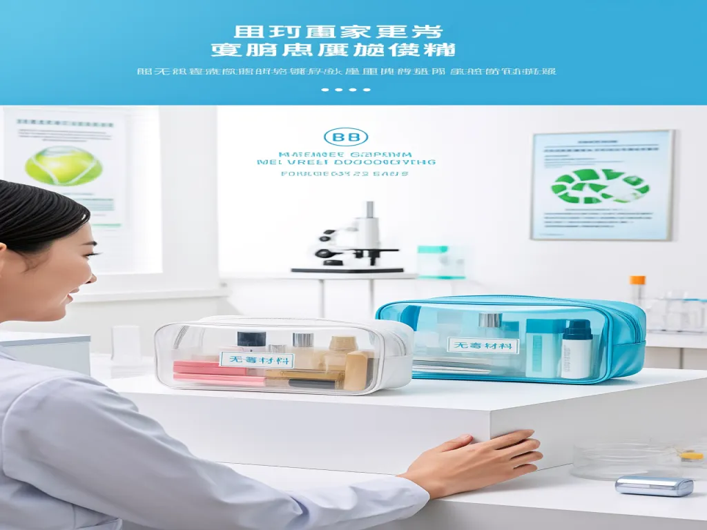 Transparent cosmetic bags in a lab setting with scientific equipment