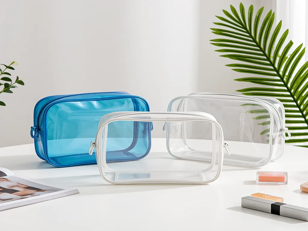 Set of transparent cosmetic bags in different colors
