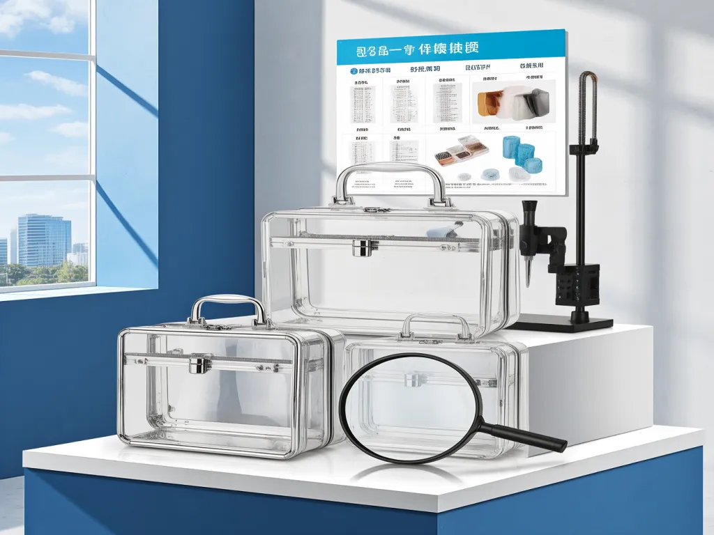 Transparent cosmetic cases with an information chart in the background