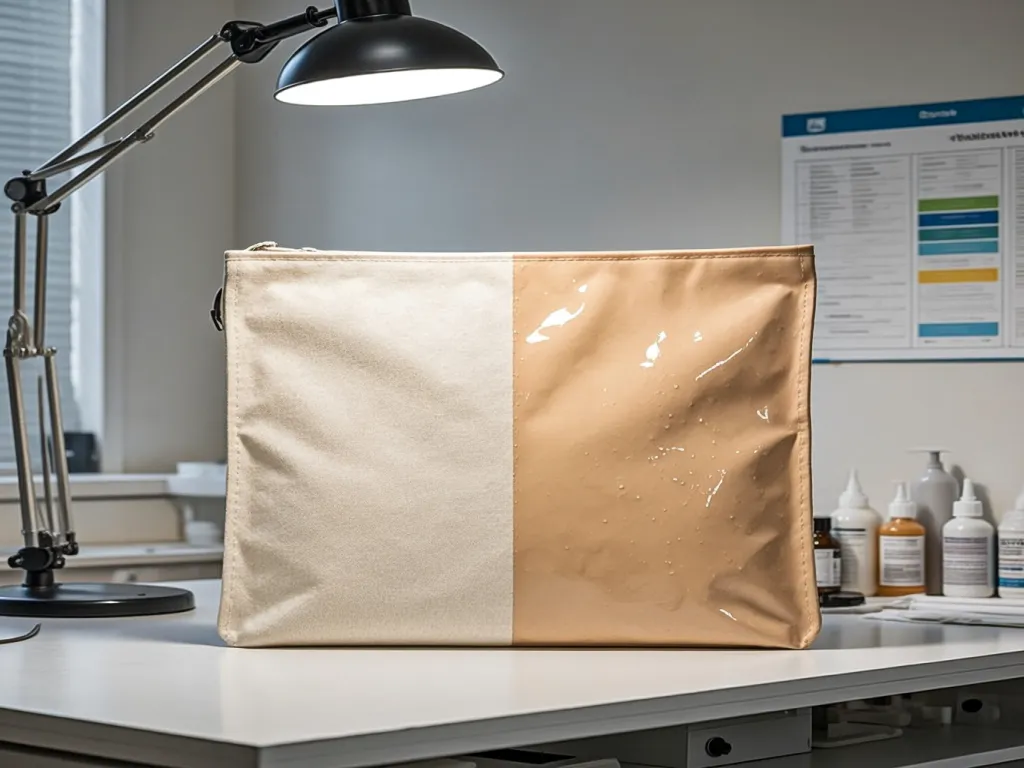A beige bulk cosmetic bag on a desk with a lamp and bottles