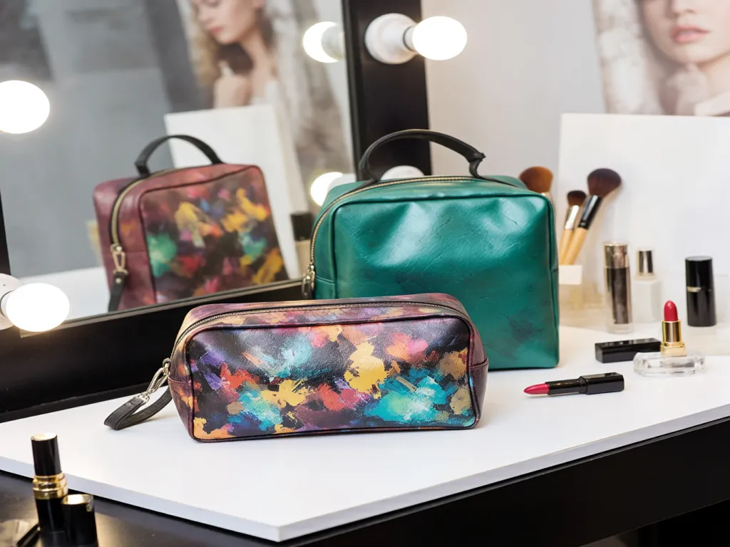 A black bulk cosmetic bag on a vanity with skincare products