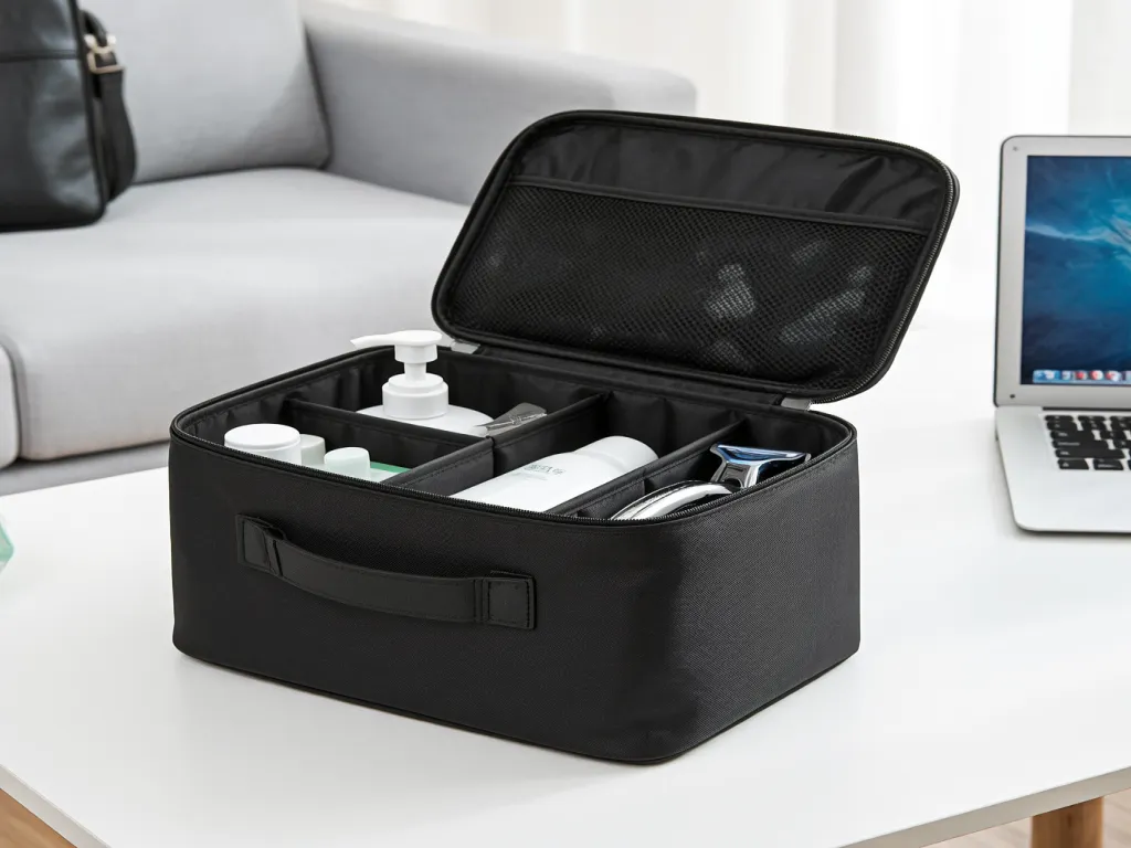 An open black men's travel cosmetic bag with toiletries inside.