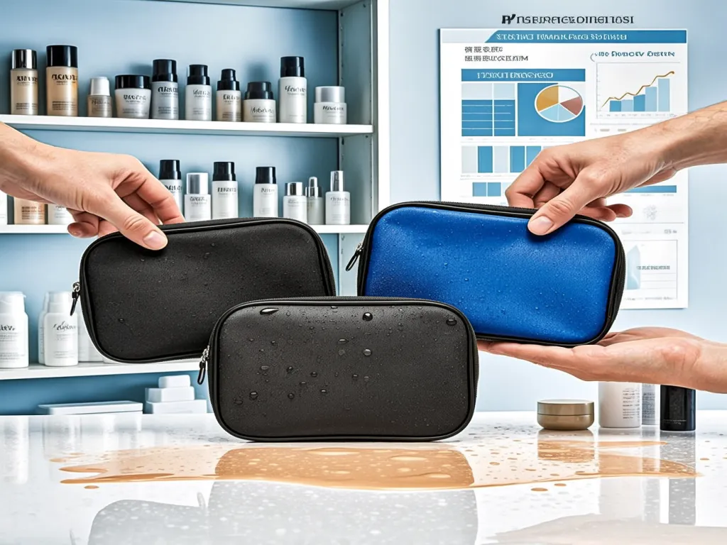 Hands holding black and blue bulk cosmetic bags with water droplets