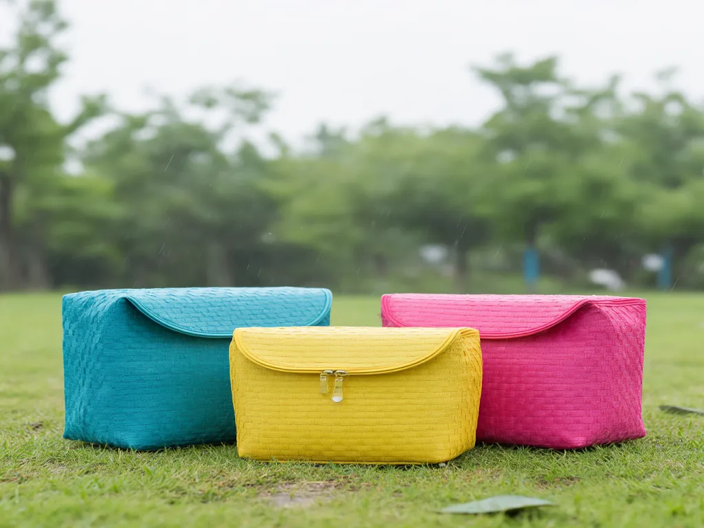 Colorful bulk cosmetic bags placed on grass outdoors