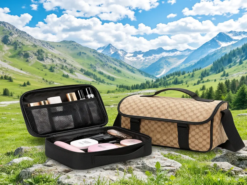 Cosmetic bag travel set on rocks with mountain backdrop