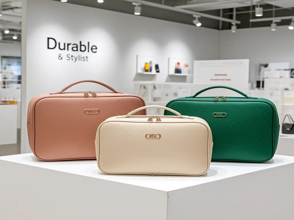 Three custom cosmetic bags in different colors displayed on a white platform
