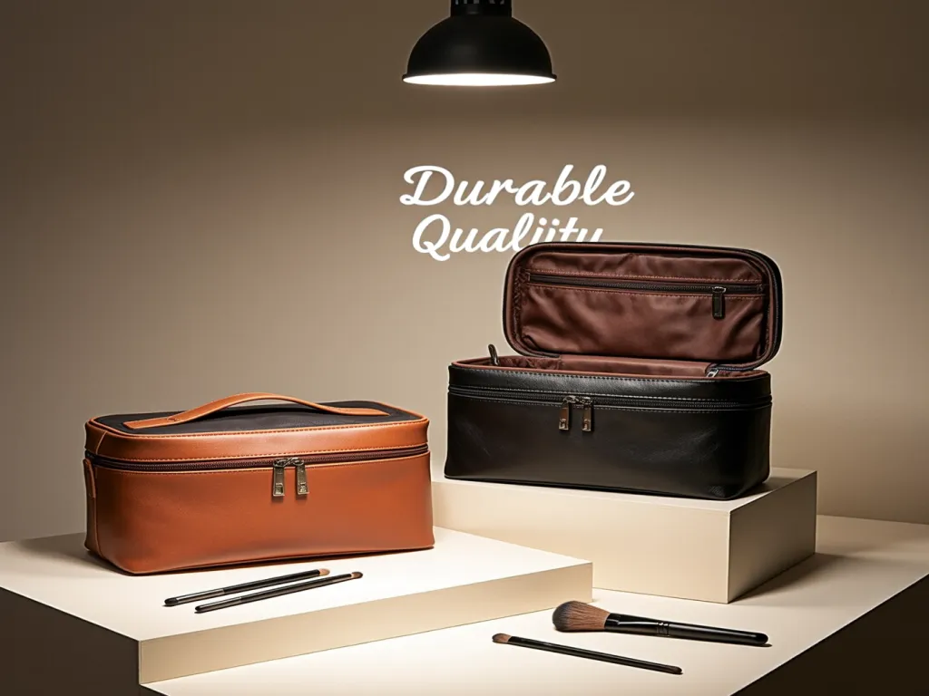 Durable leather cosmetic bags in brown and black with brushes