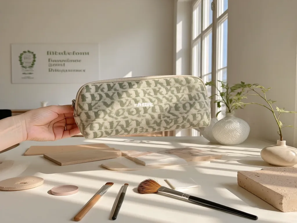 A hand holding an elegant custom cosmetic bag with a patterned design on a sunlit table