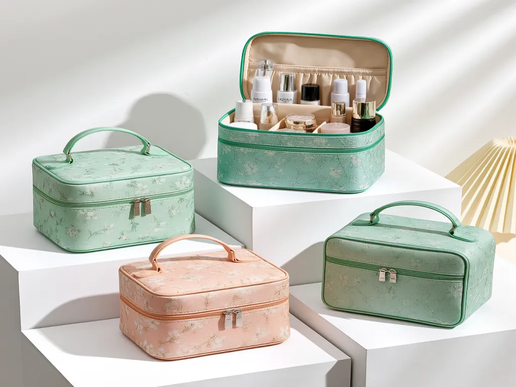 Floral cosmetic organiser bags in different colors on display
