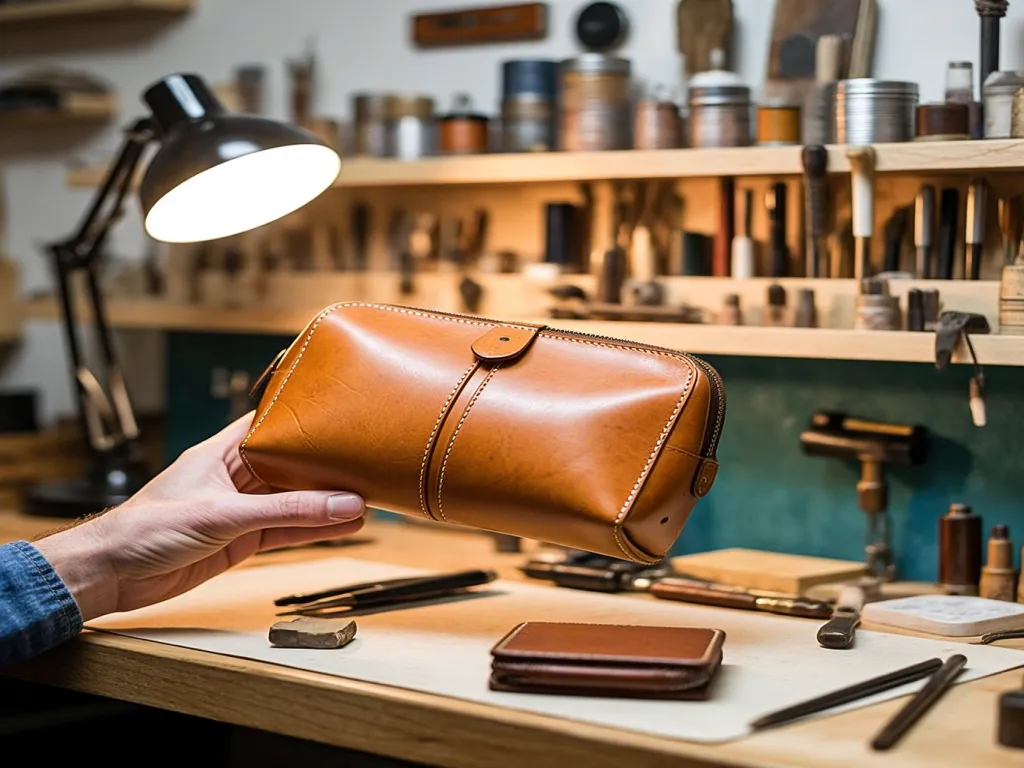Hand holding a brown leather cosmetic bag in workshop