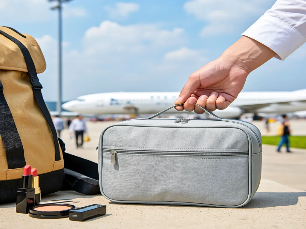 Hand holding a travel cosmetic bag at the airport