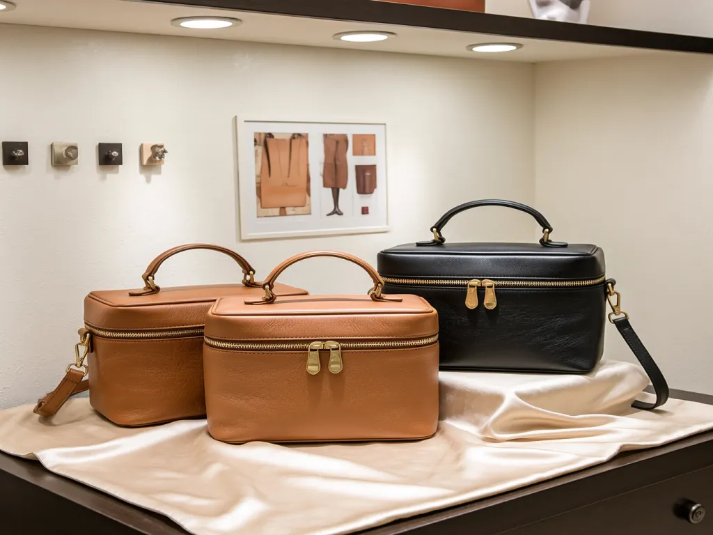 Three leather cosmetic bags in brown and black on display