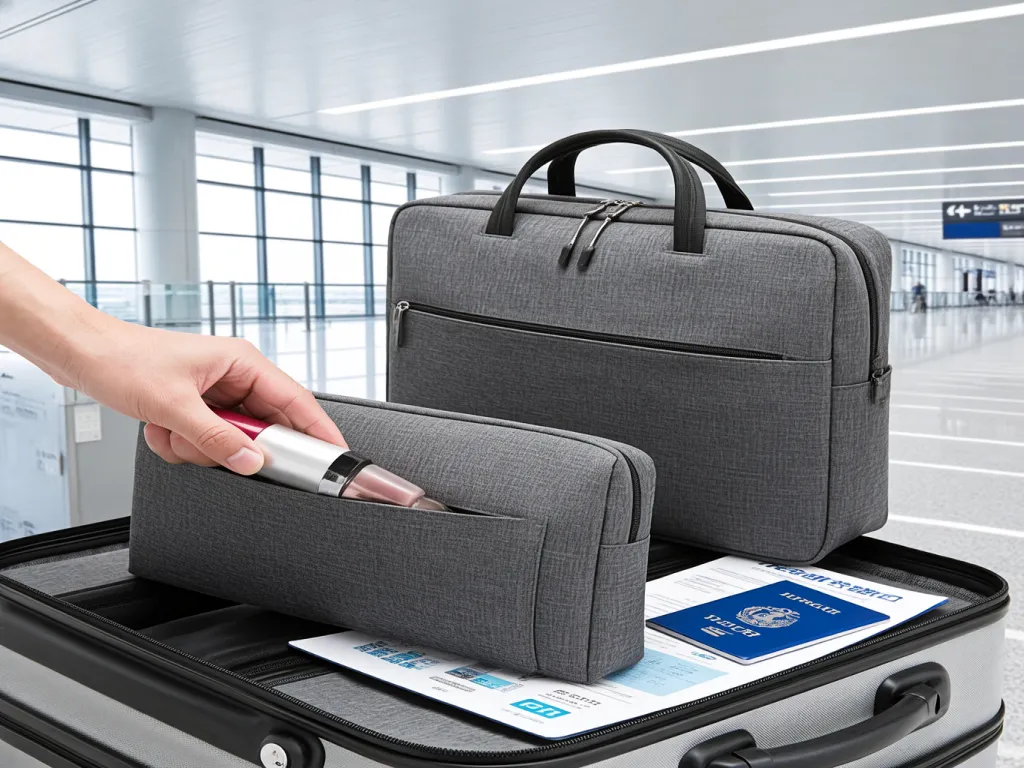 A hand using a men's travel cosmetic bag at the airport.