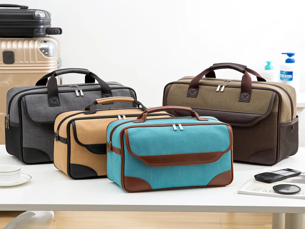 Multi-colored men's travel cosmetic bags arranged on a white surface.