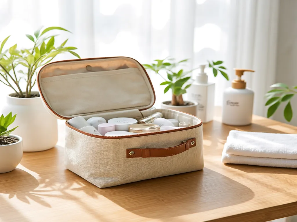 Open cosmetic bag on a wooden table with skincare products