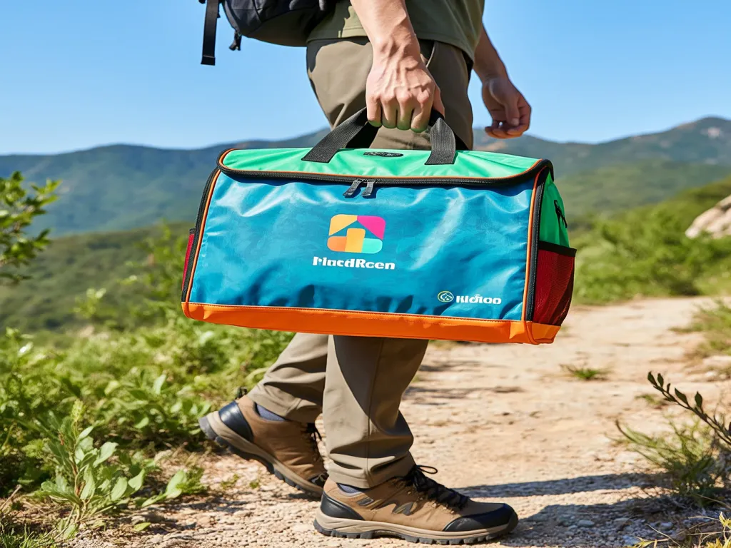 A person carrying a colorful custom cosmetic bag while hiking outdoors