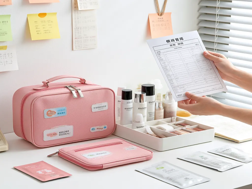 Pink cosmetic organiser bag set with cosmetics and a document