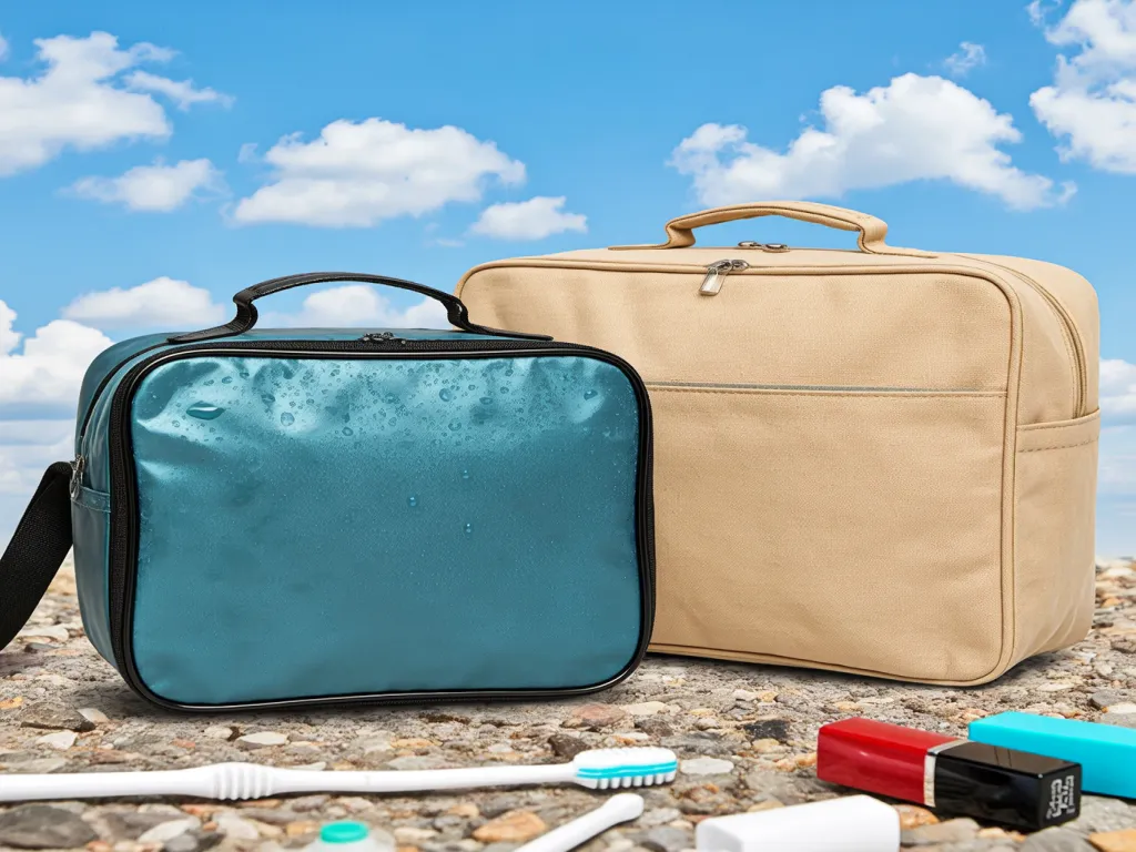 Travel cosmetic bags on pebbles with toiletries nearby