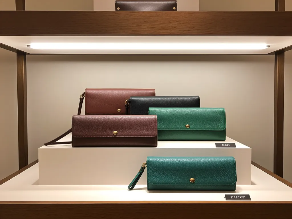 Variety of leather cosmetic bags in different colors on shelf