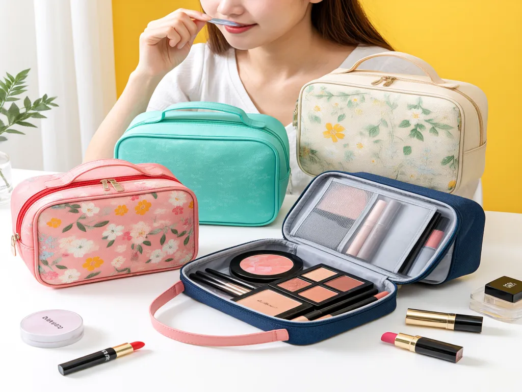 Women surrounded by colorful cosmetic organiser bags