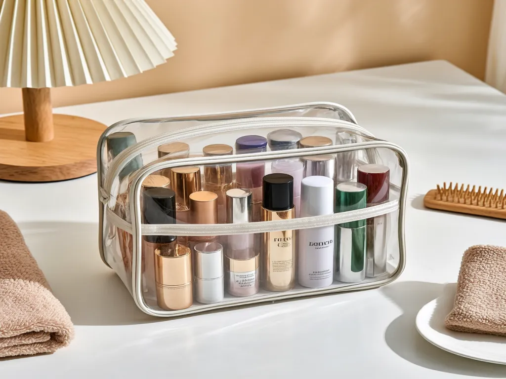 A clear cosmetic bag filled with various cosmetic bottles