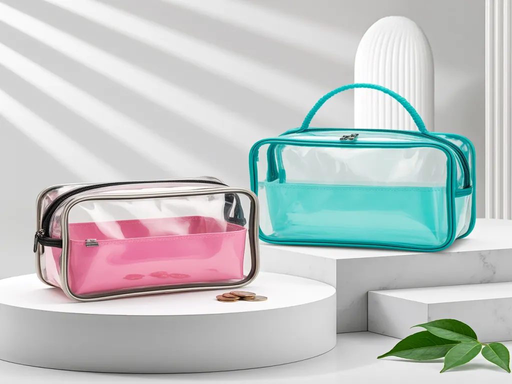 Two clear cosmetic bags in pink and teal on a white platform